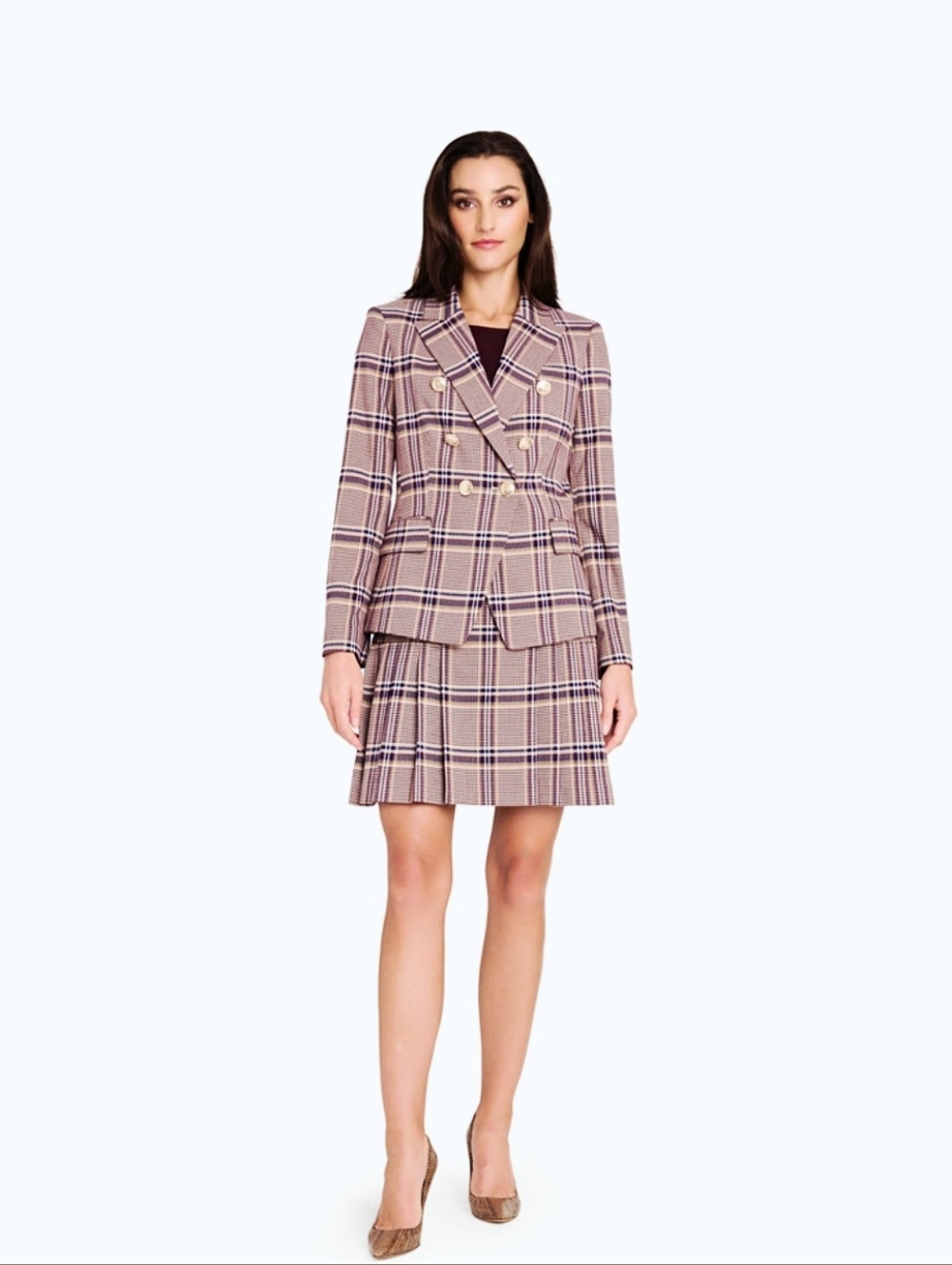 Tahari Plaid Double Breasted Blazer w/ SKIRT
